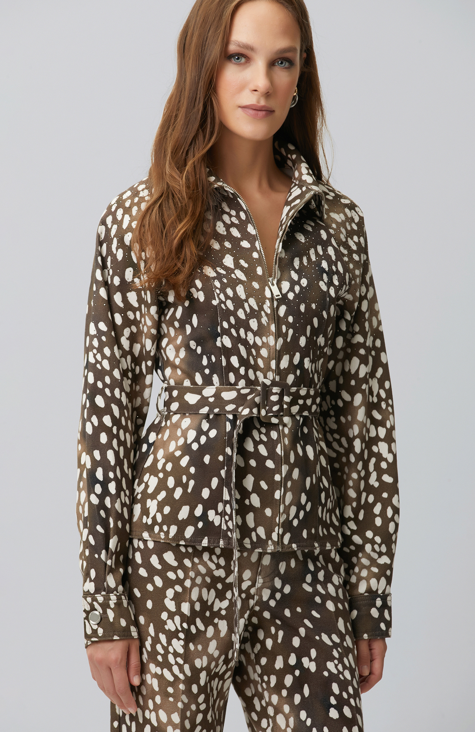 Bitter Brown Off White Animal Print Denim Jacket