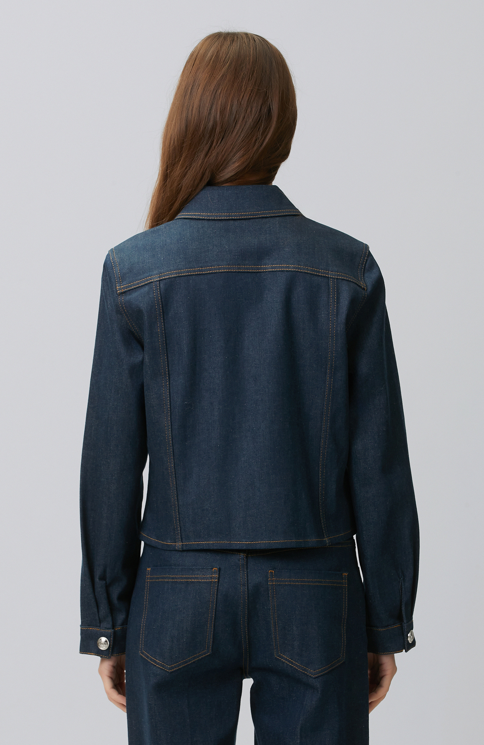 Koyu Indigo Mavi Yaka Aksesuarlı Denim Mont