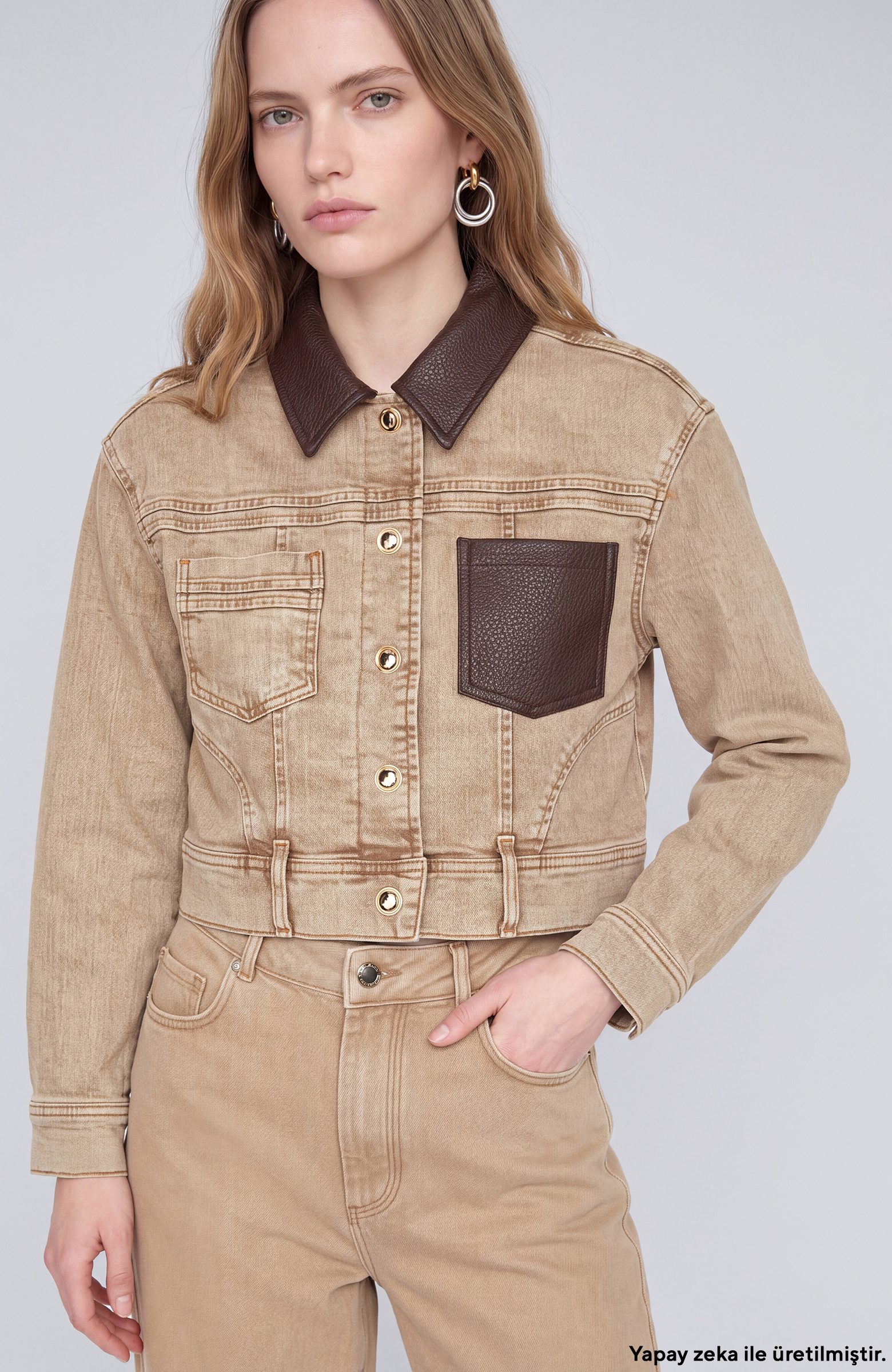 Beige Faux Leather Collar Garnished Denim Coat
