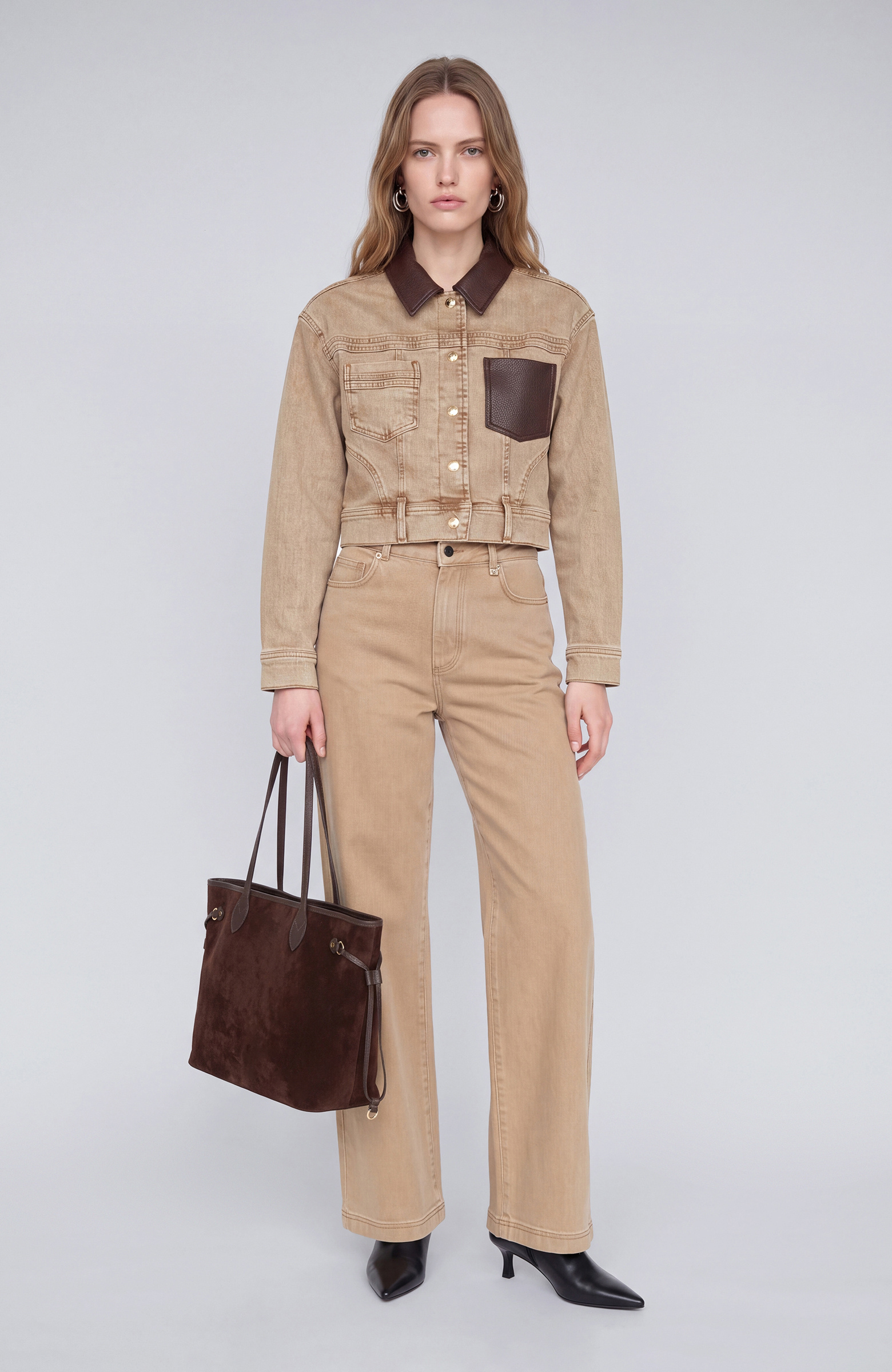 Beige Faux Leather Collar Garnished Denim Coat