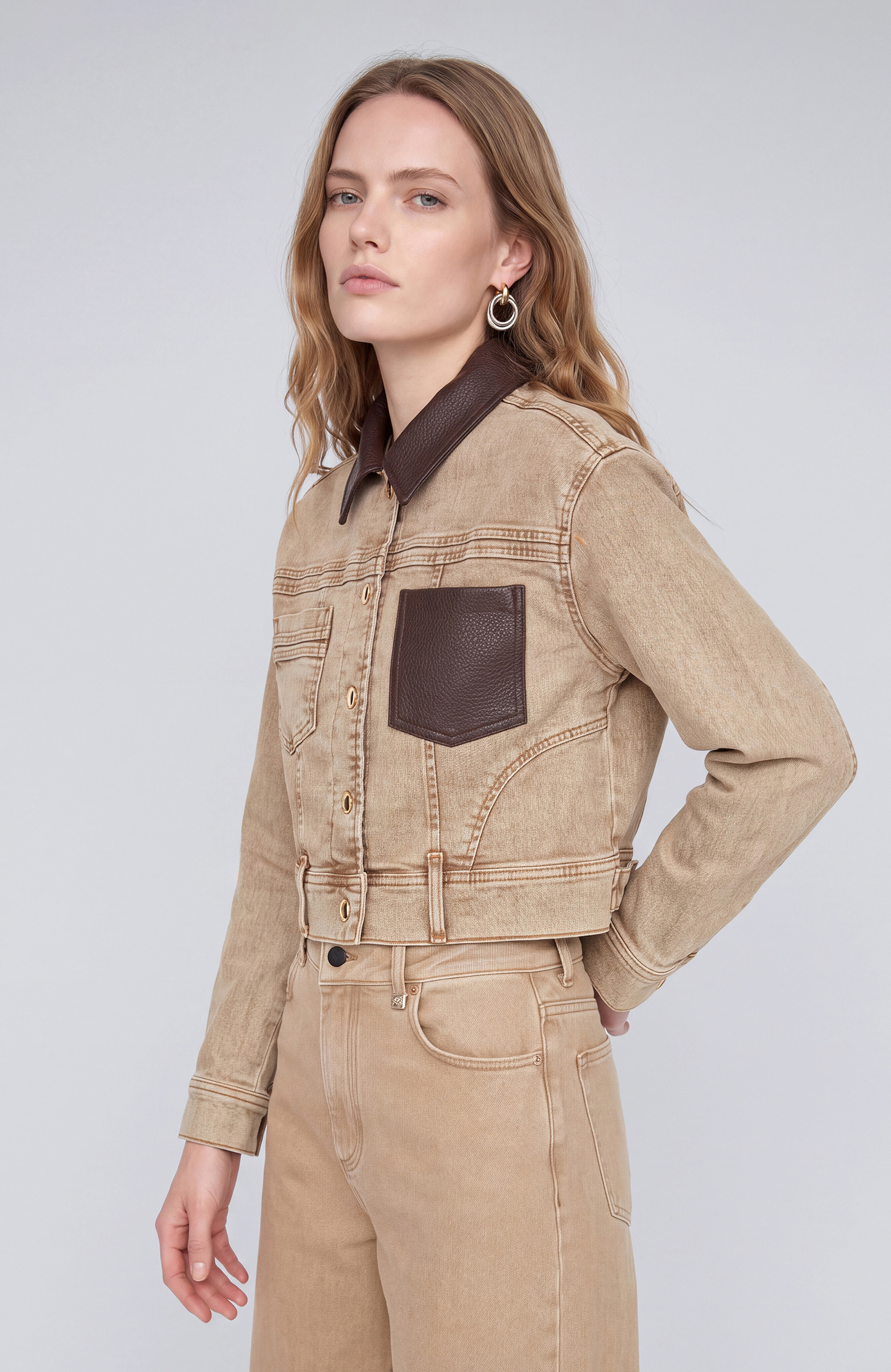 Beige Faux Leather Collar Garnished Denim Coat