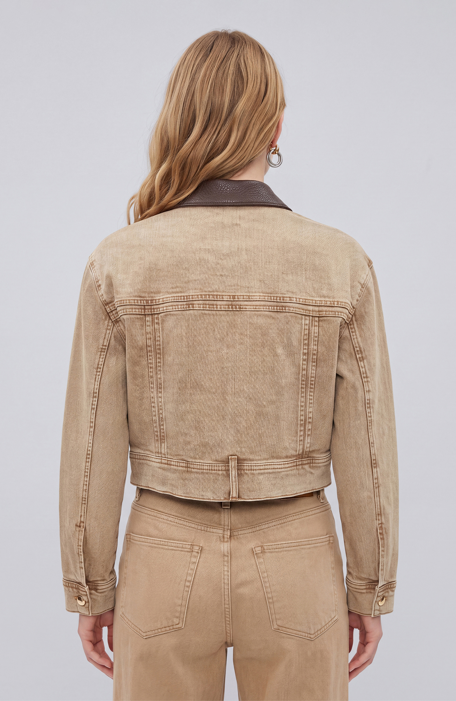 Beige Faux Leather Collar Garnished Denim Coat