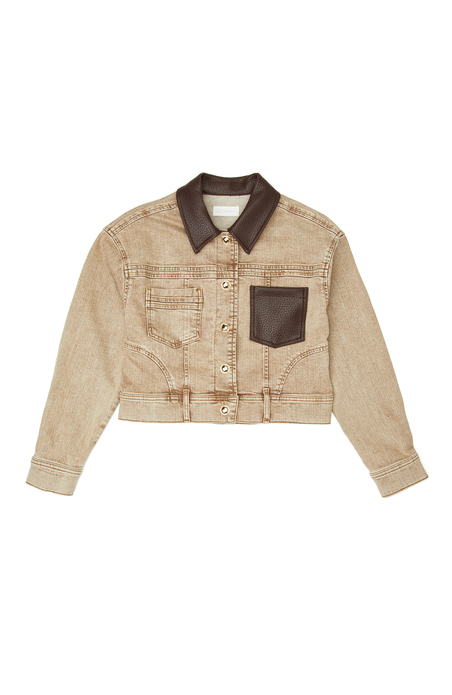 Beige Faux Leather Collar Garnished Denim Coat