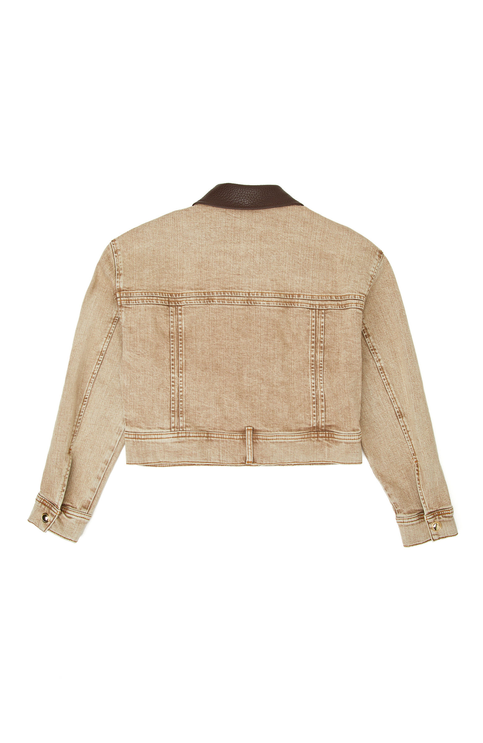 Beige Faux Leather Collar Garnished Denim Coat