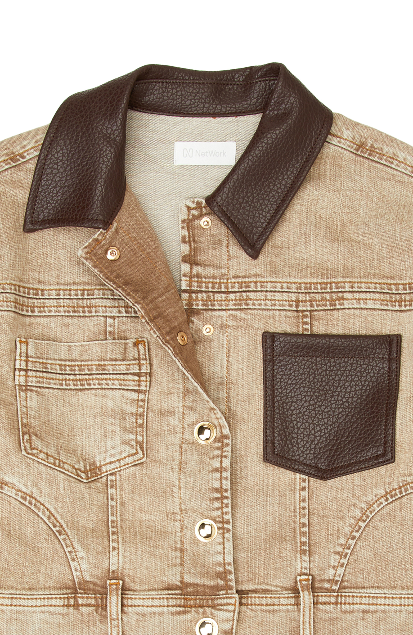 Beige Faux Leather Collar Garnished Denim Coat