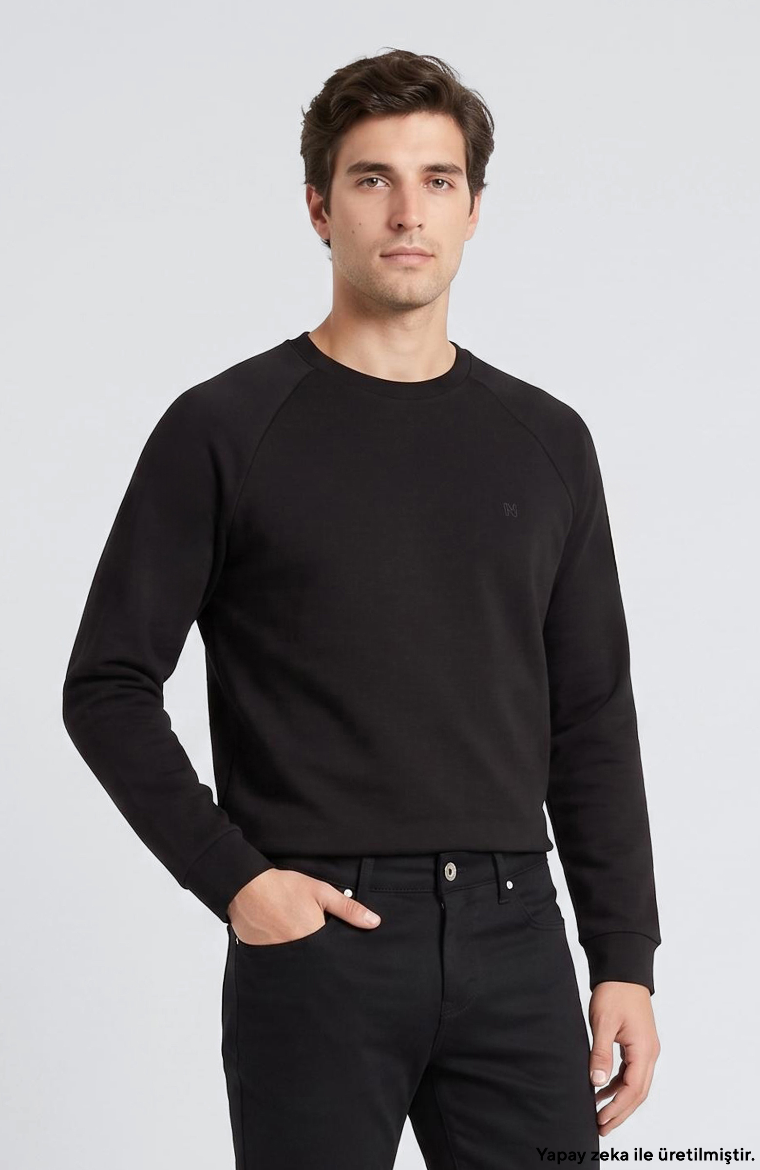 Siyah Bisiklet Yaka Basic Sweatshirt