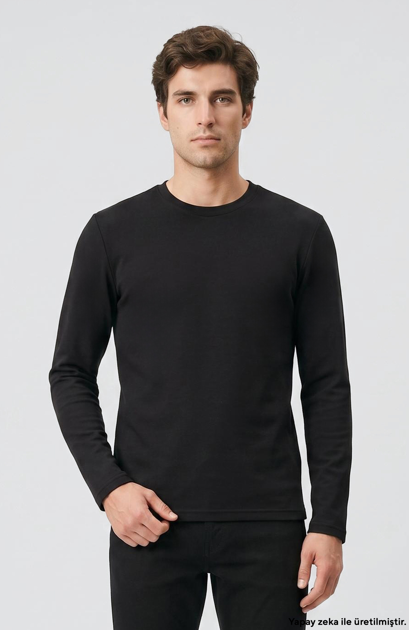 Siyah Basic Bisiklet Yaka Uzun Kol Pamuk T-shirt