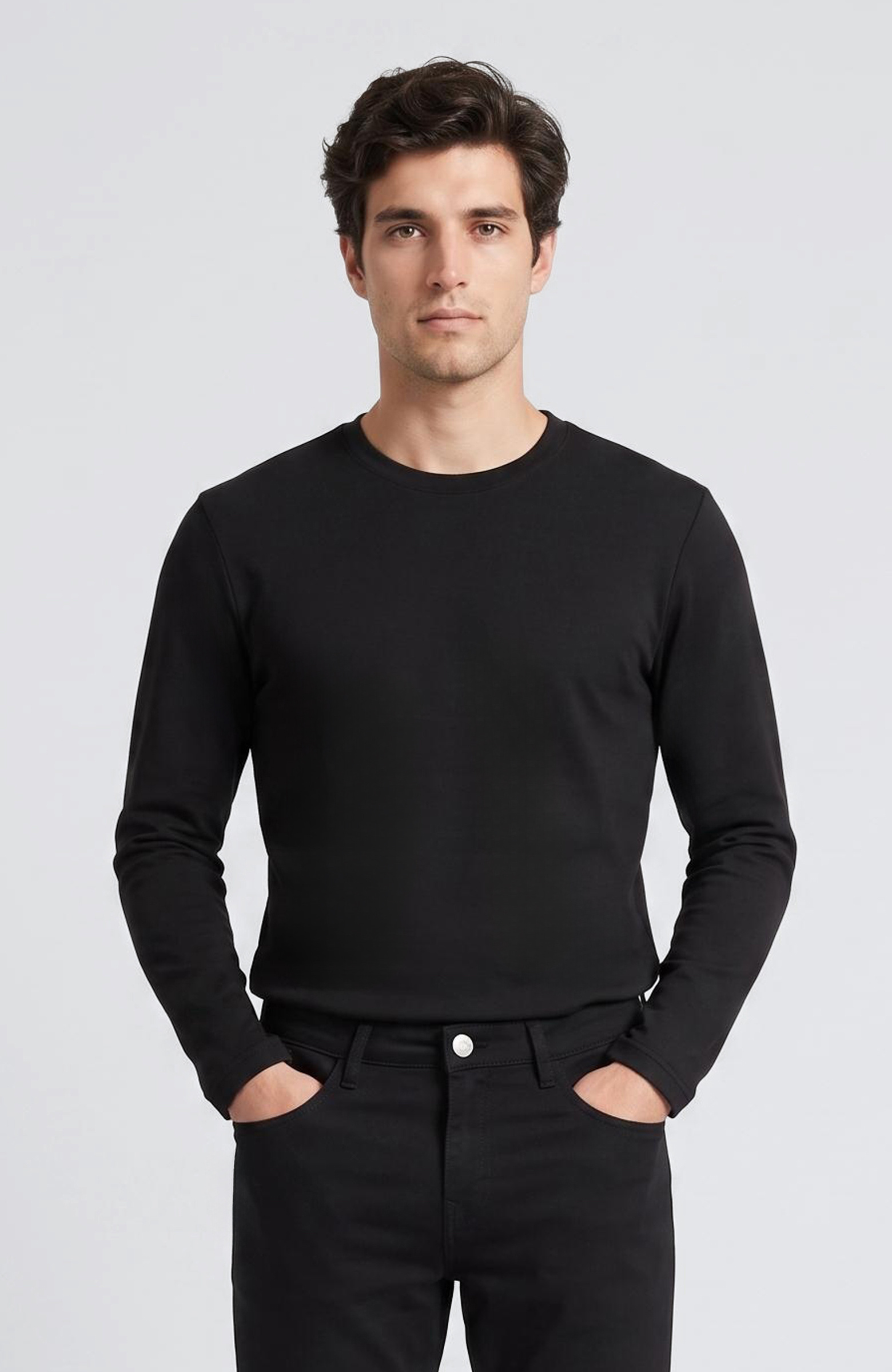 Siyah Basic Bisiklet Yaka Uzun Kol Pamuk T-shirt