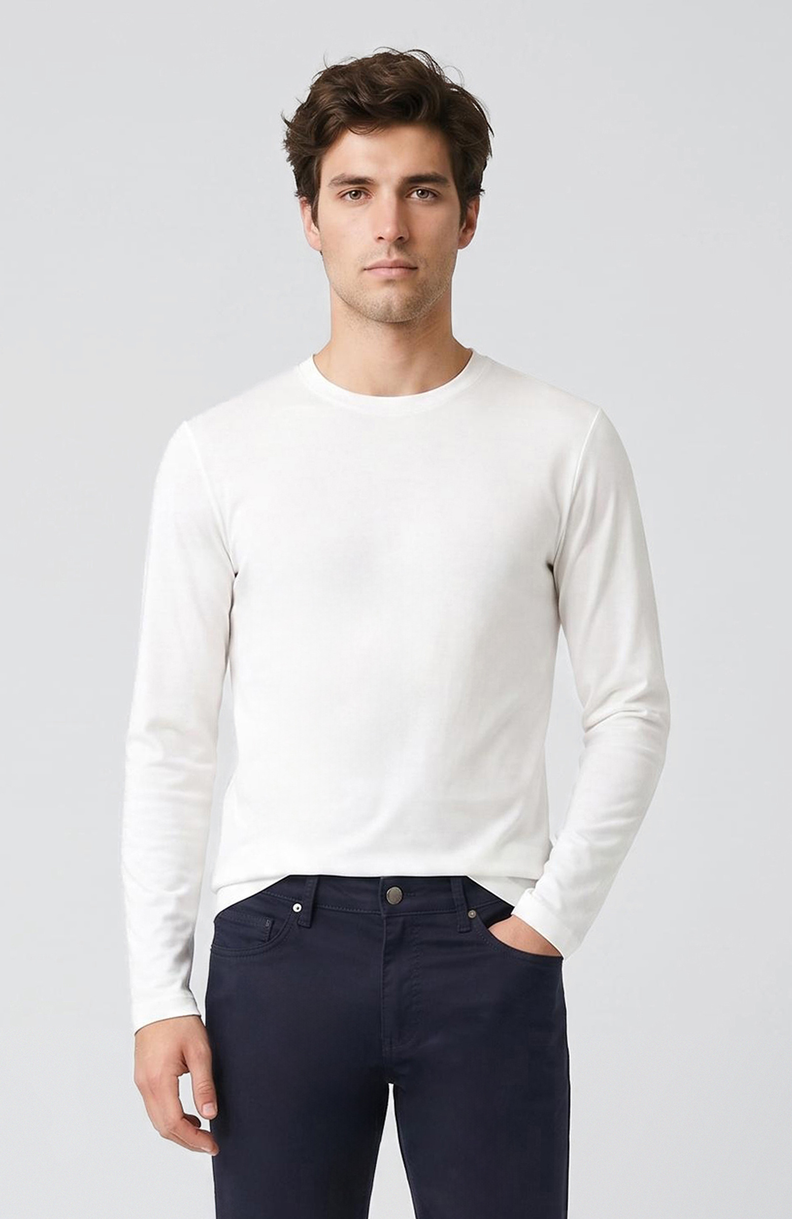 Beyaz Basic Bisiklet Yaka Uzun Kol Pamuk T-shirt