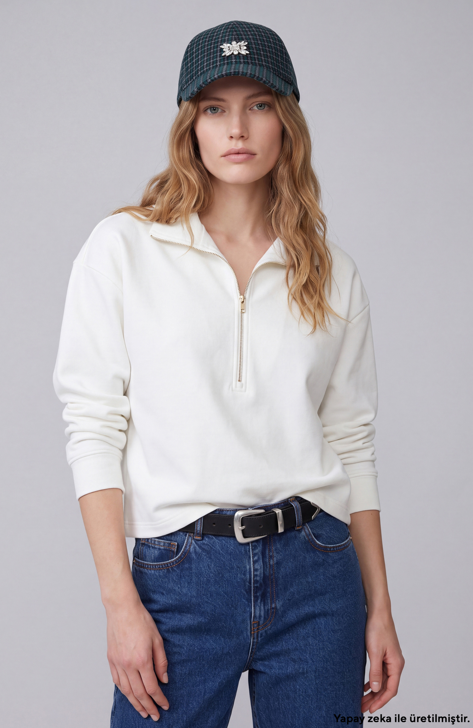 Kırık Beyaz Fermuar Detaylı Sweatshirt