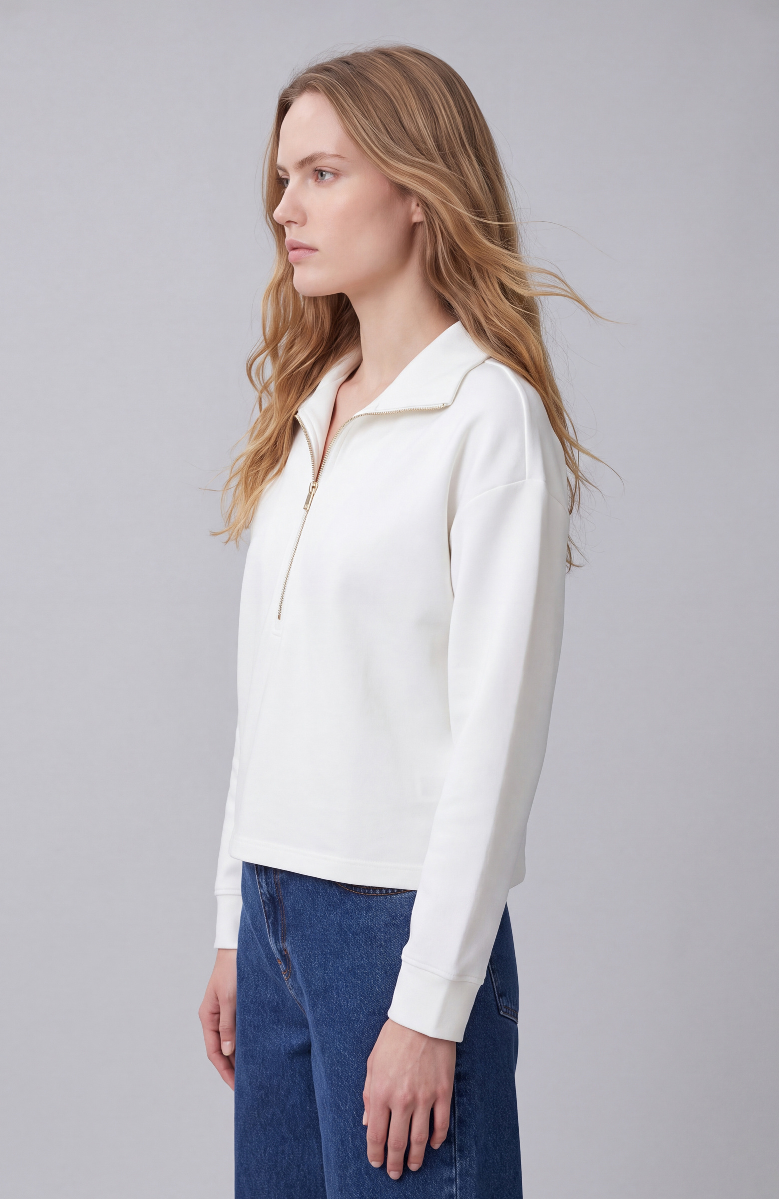 Kırık Beyaz Fermuar Detaylı Sweatshirt
