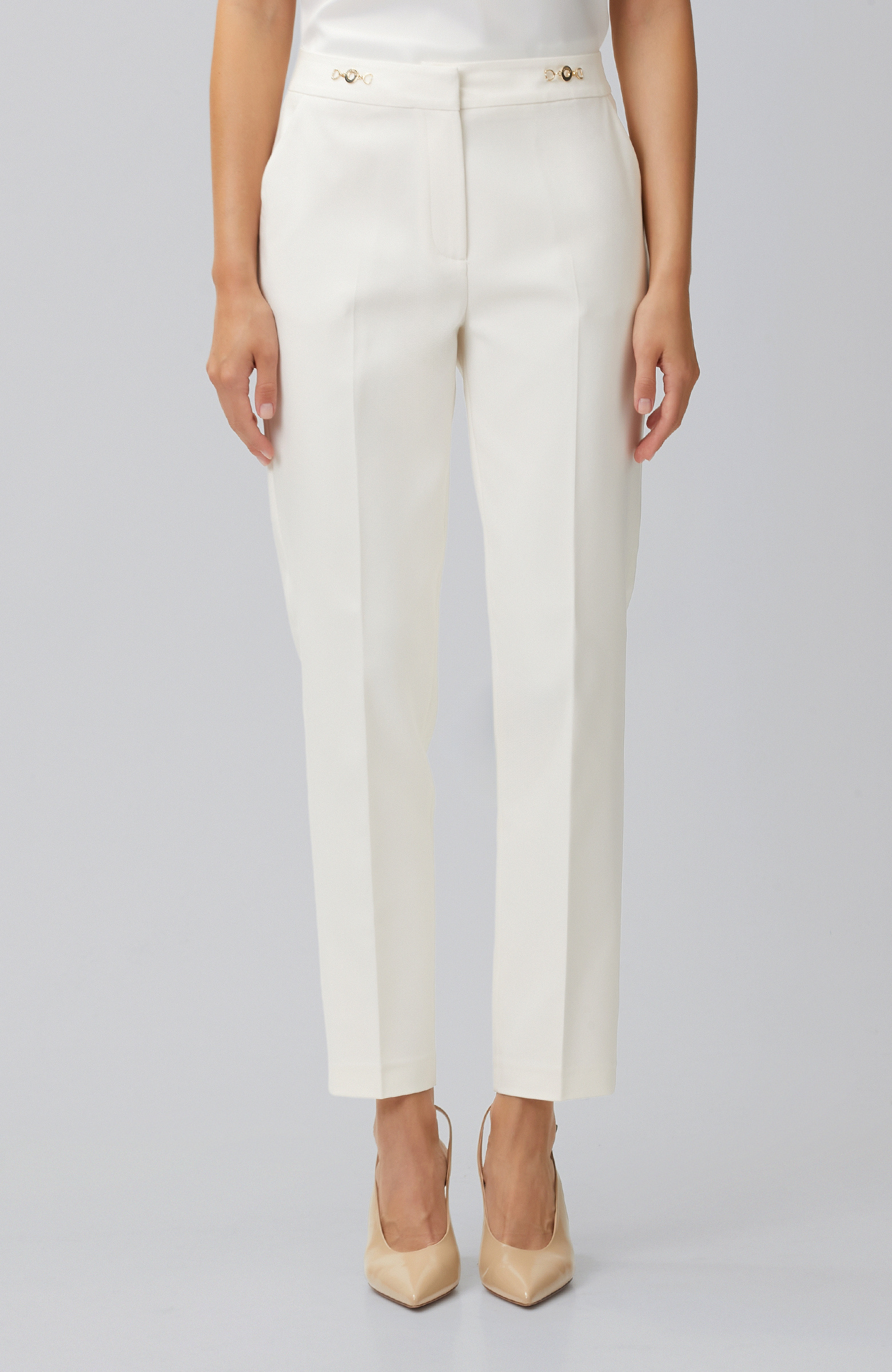 Kırık Beyaz Dar Paça Aksesuarlı Skinny Pantolon