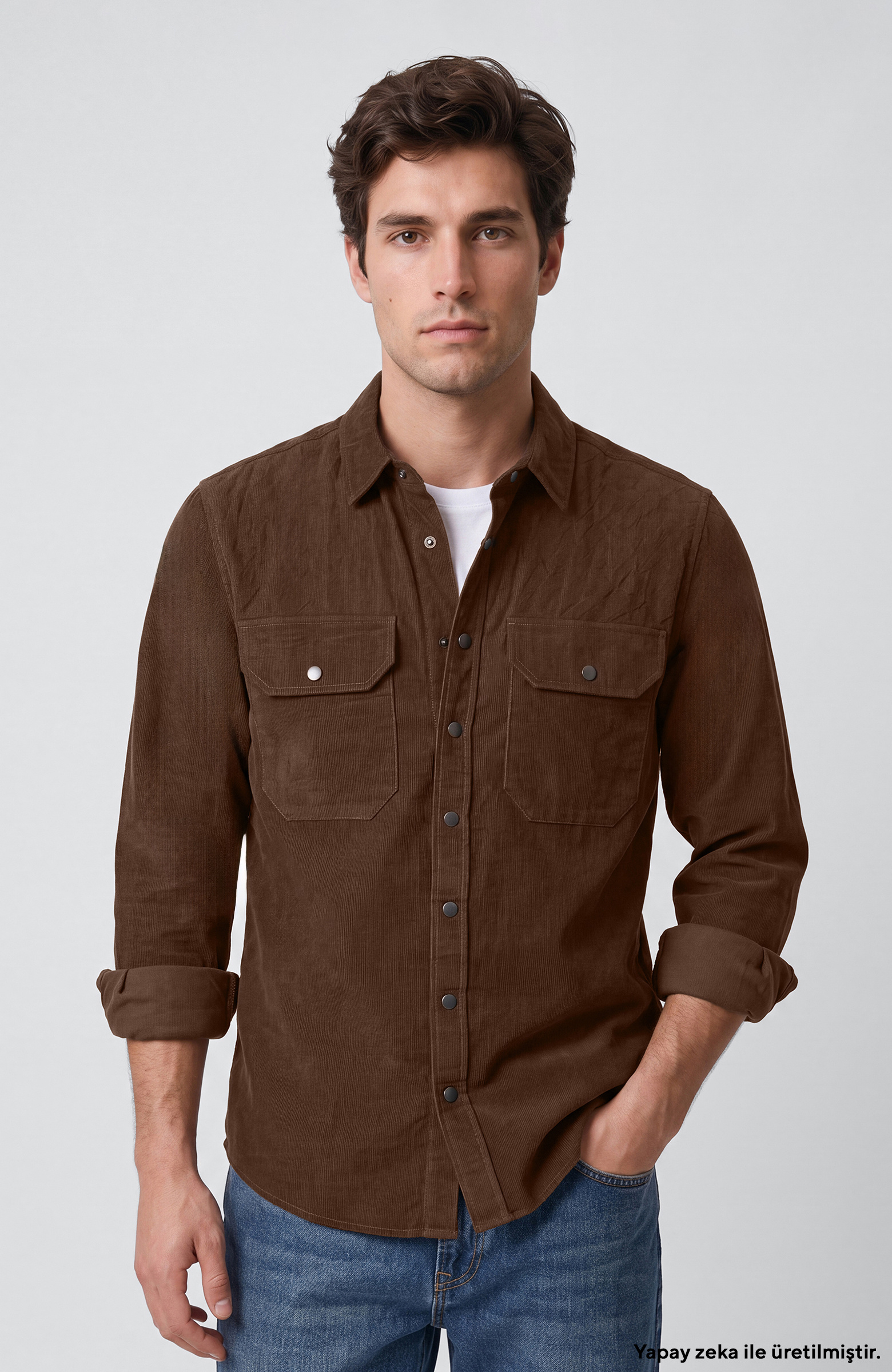 Slim Fit Haki Pamuklu Fitilli Kadife Gömlek