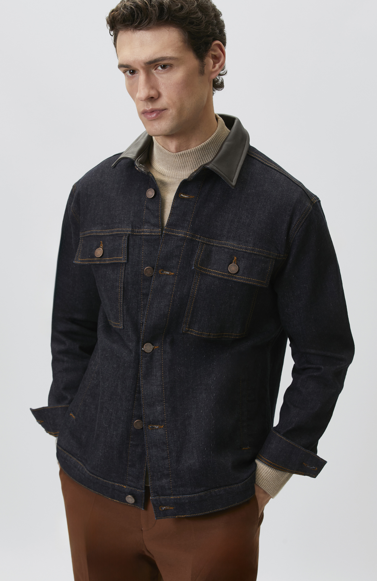 Lacivert Yakası Deri Garnili Denim Mont