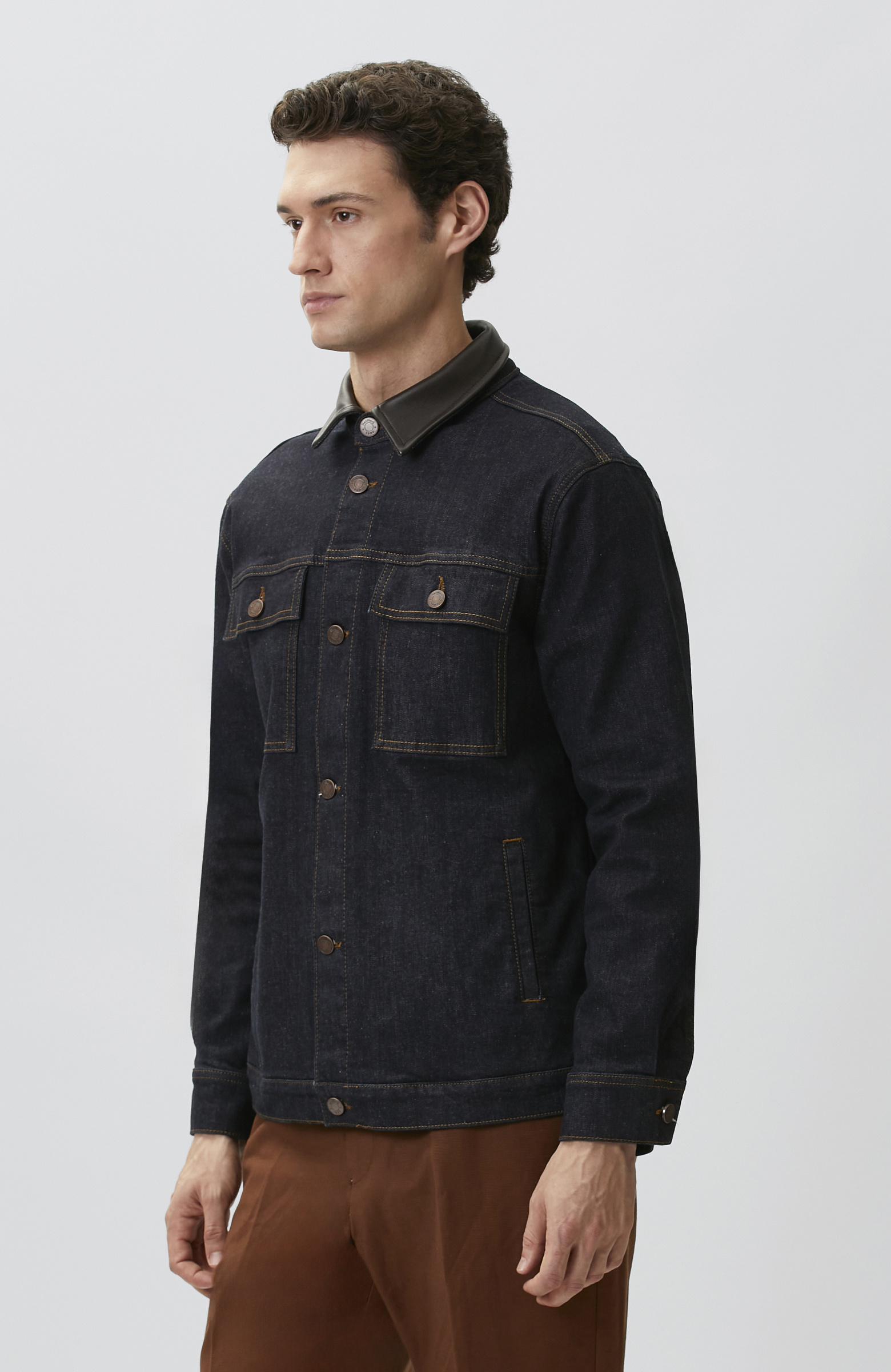Lacivert Yakası Deri Garnili Denim Mont