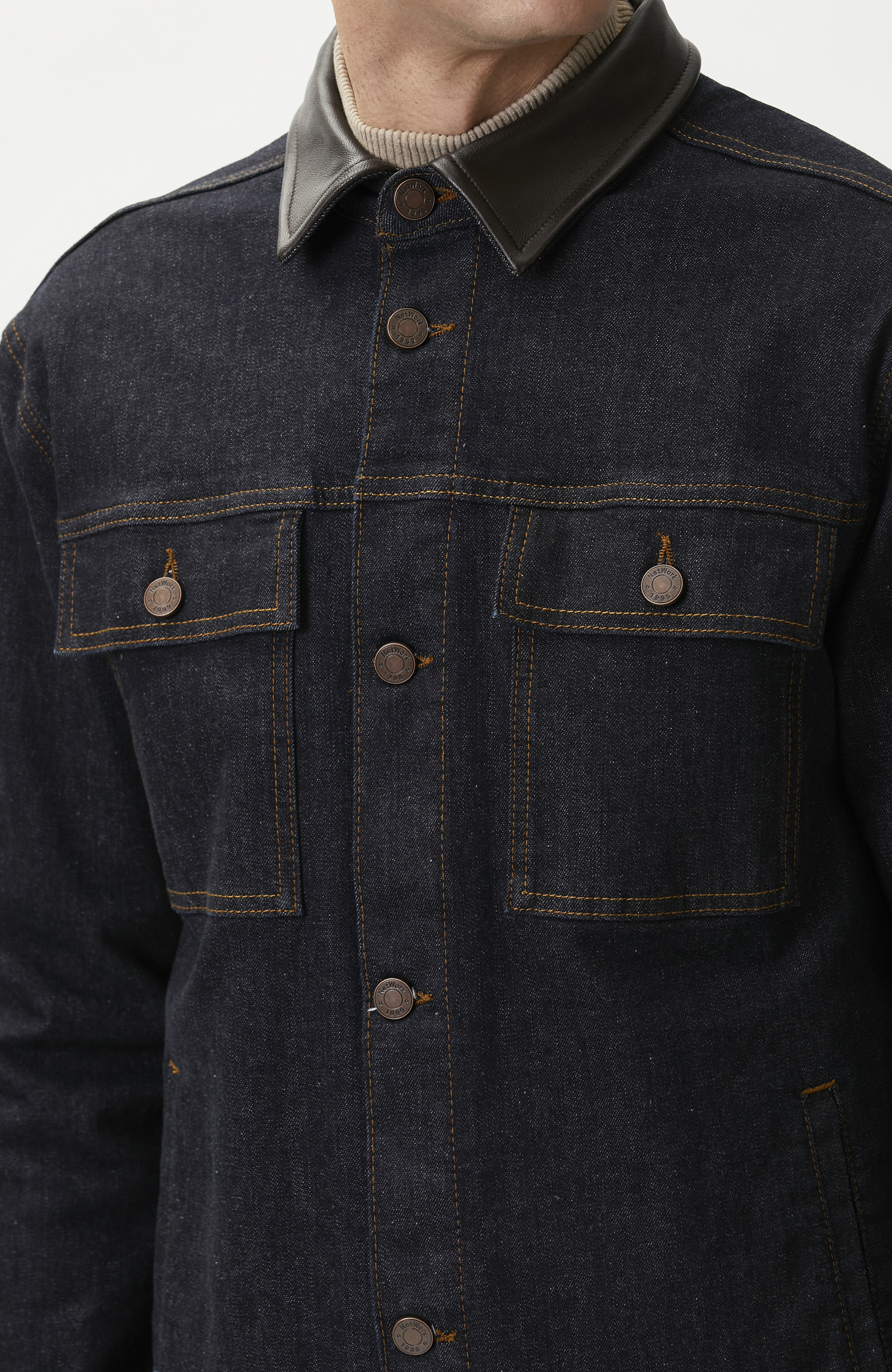 Lacivert Yakası Deri Garnili Denim Mont