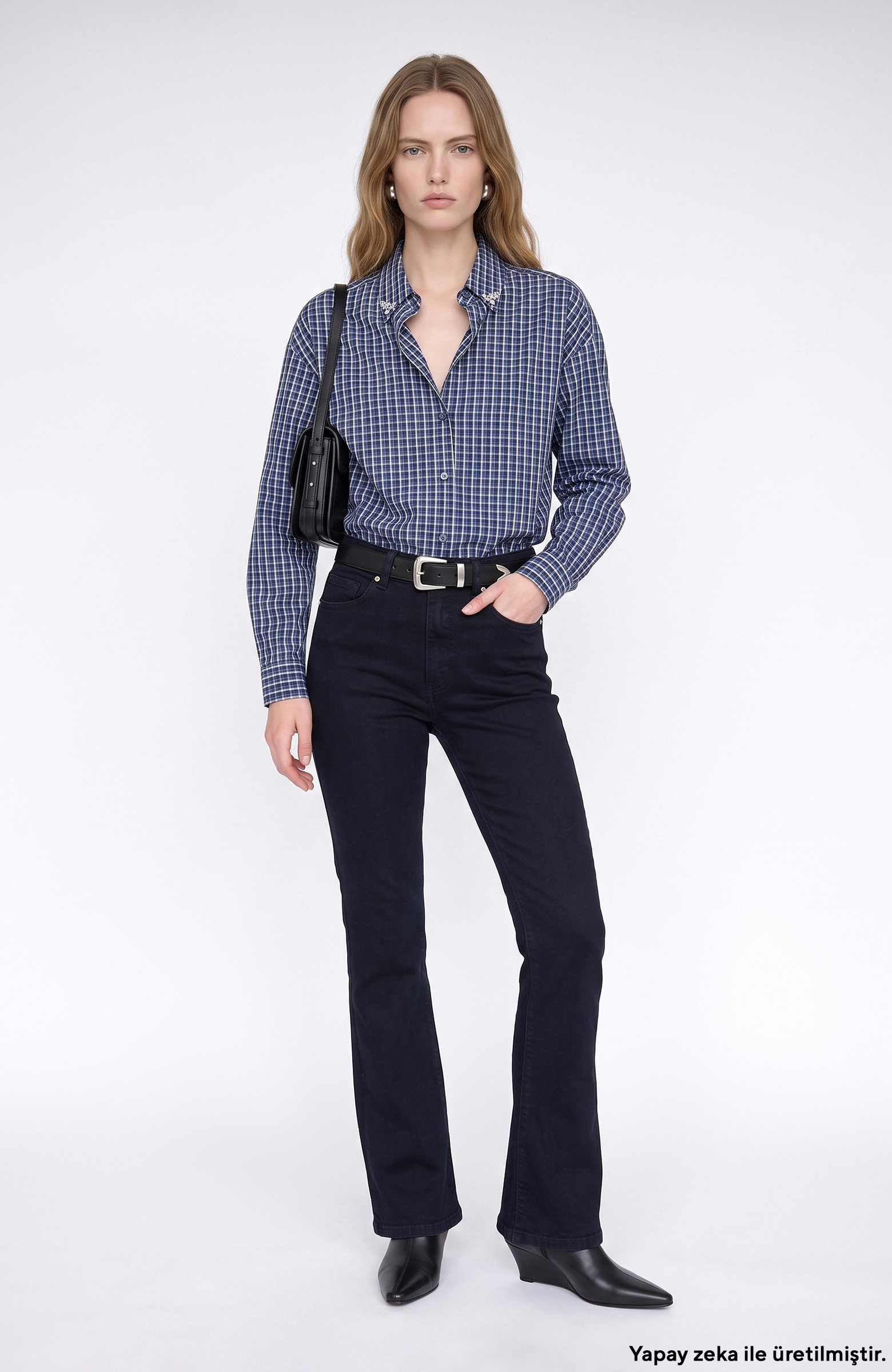Koyu Lacivert Flare Paça Denim Pantolon