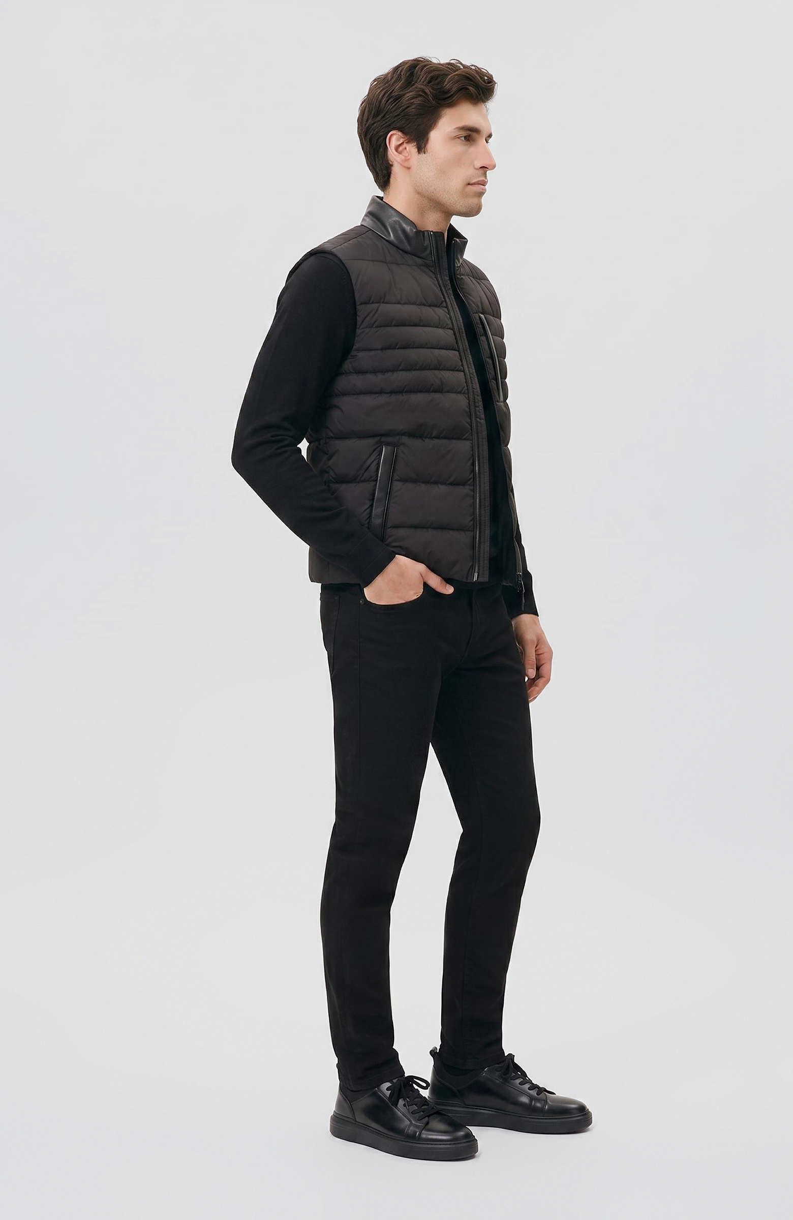 Siyah Dik Yaka Puffer Casual Yelek