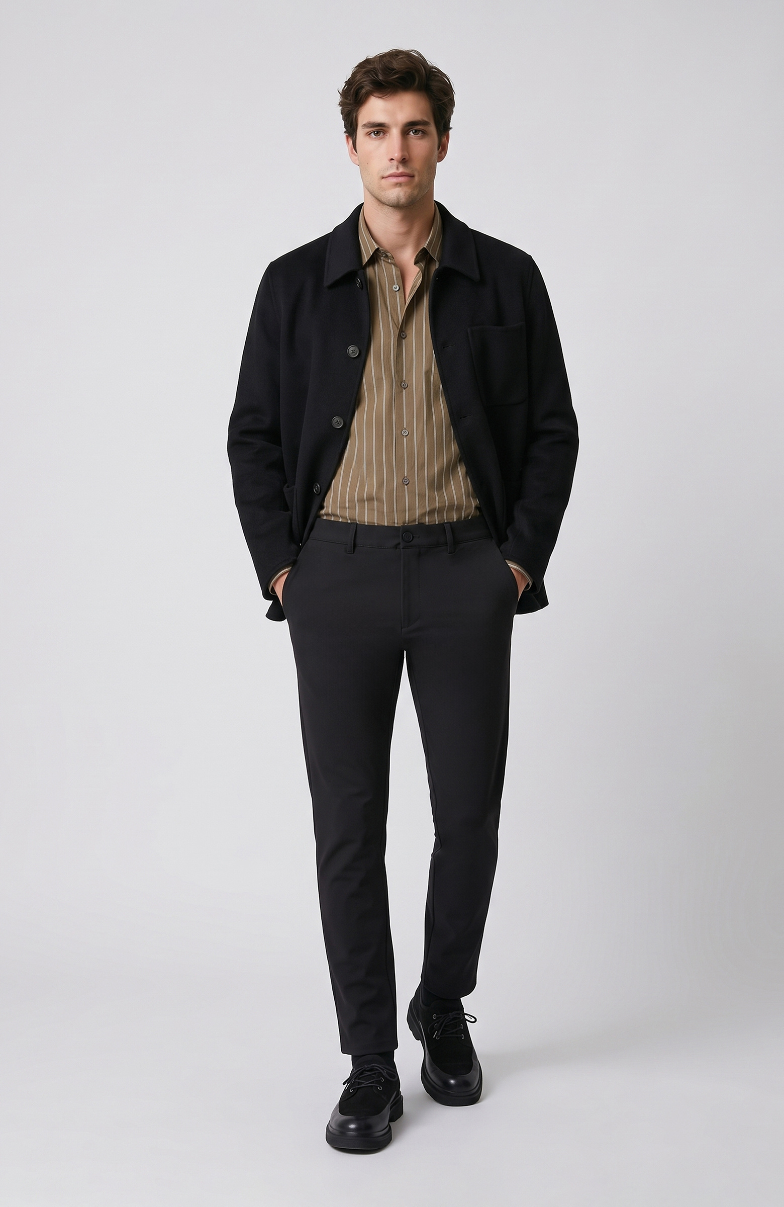 Haki Slim Fit Çizgili Gömlek