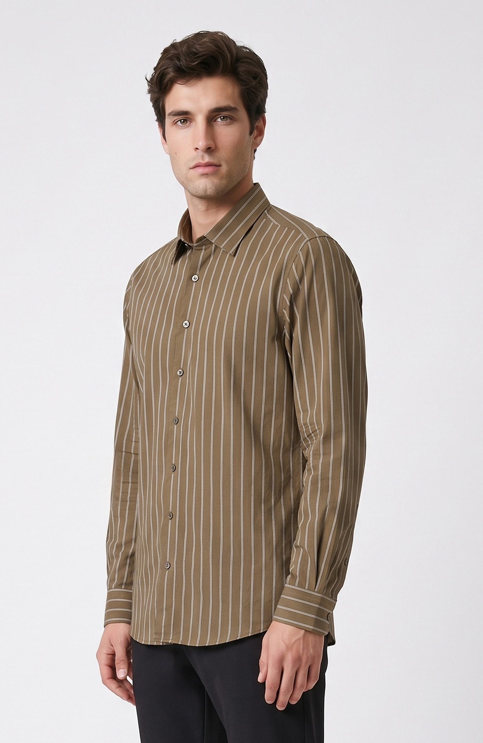 Haki Slim Fit Çizgili Gömlek
