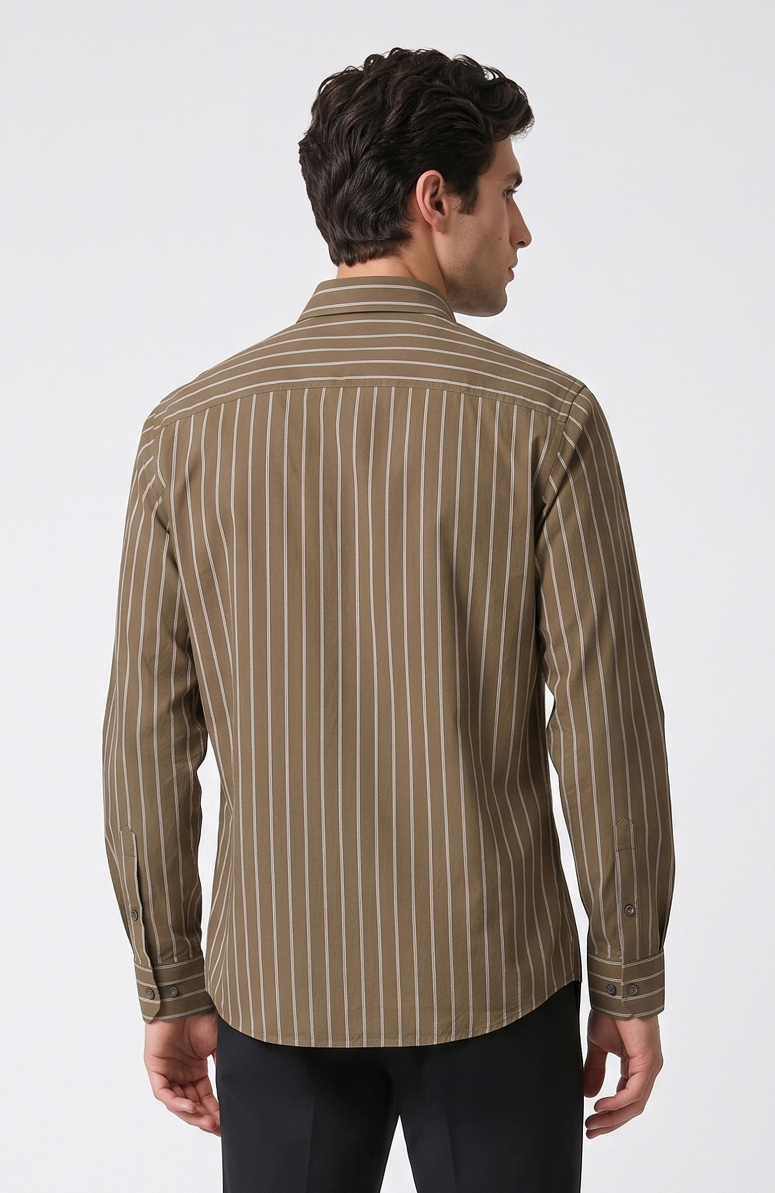 Haki Slim Fit Çizgili Gömlek