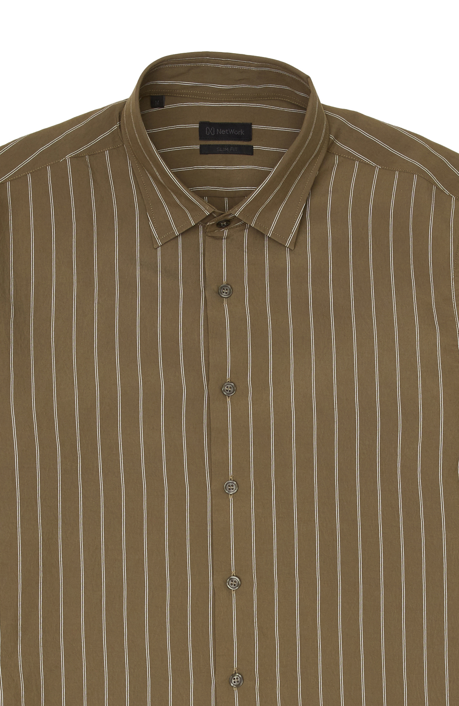 Haki Slim Fit Çizgili Gömlek