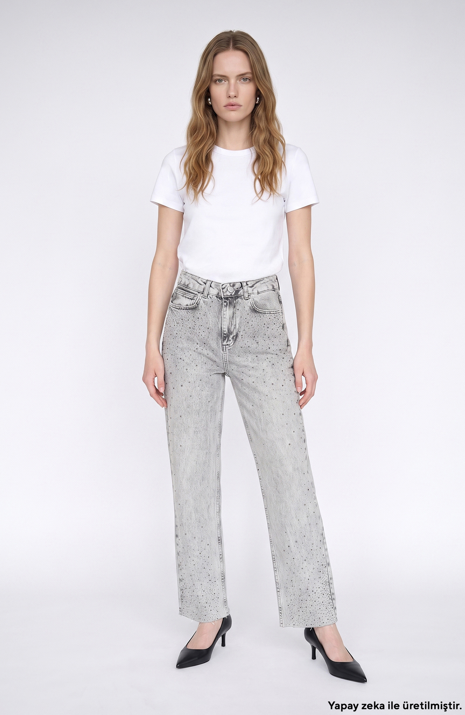 Açık Gri Kesik Paça Taş Baskılı Denim Pantolon