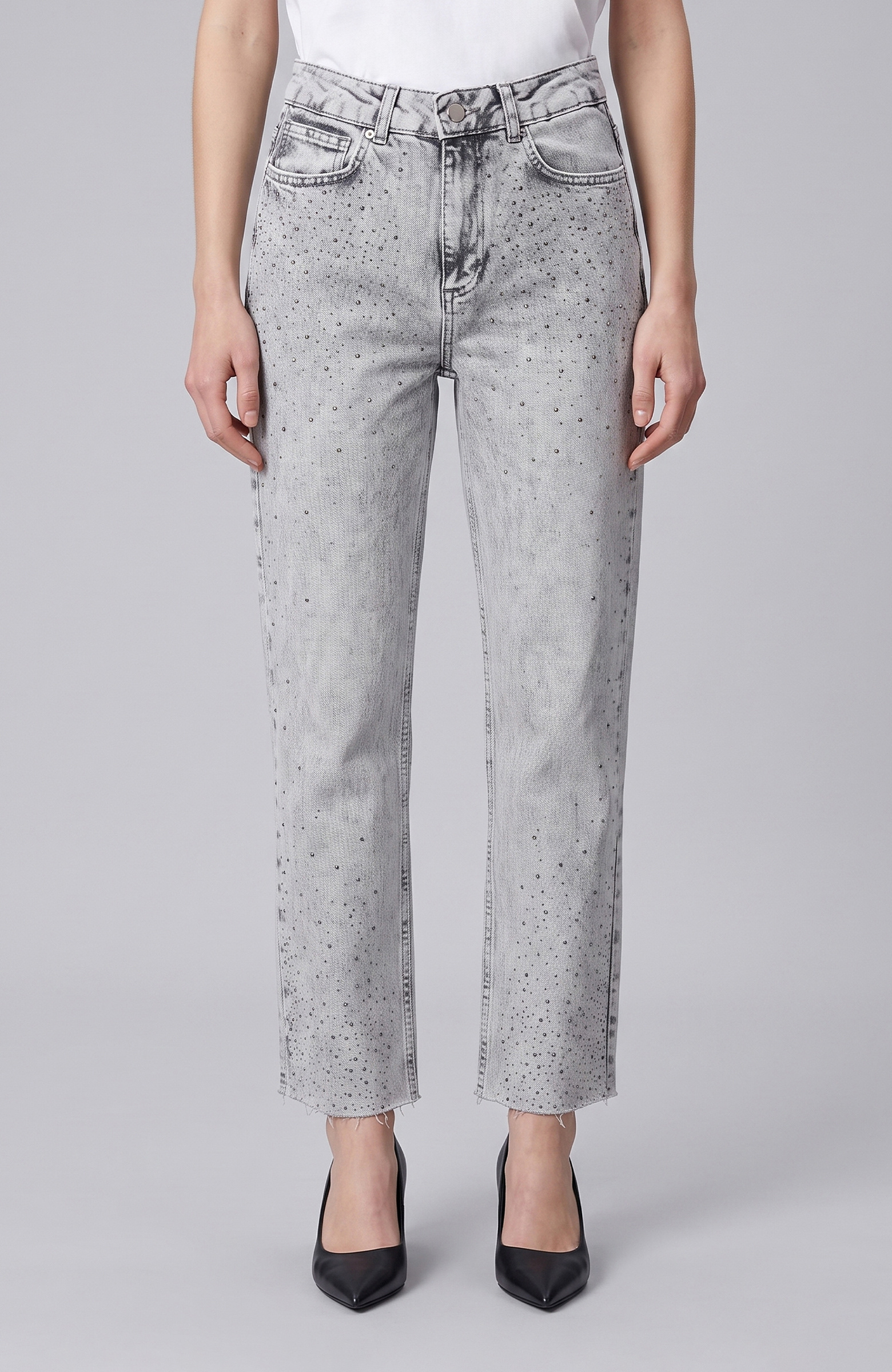 Açık Gri Kesik Paça Taş Baskılı Denim Pantolon
