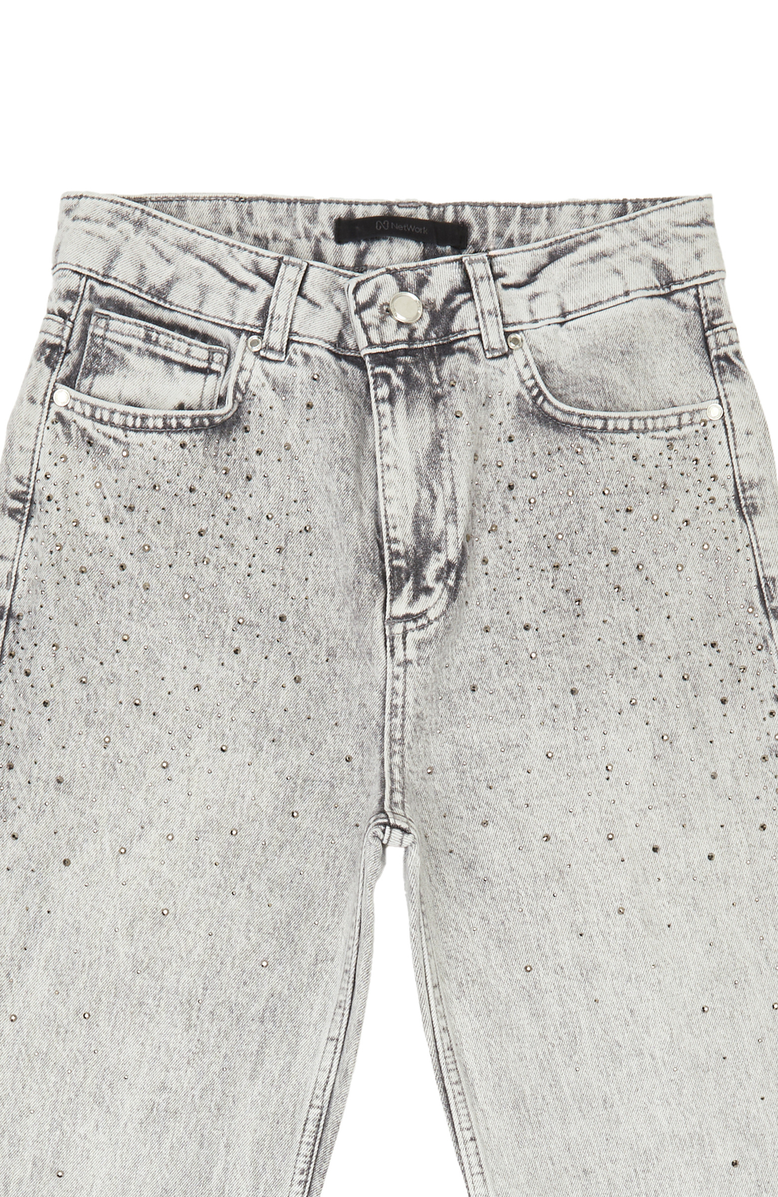 Açık Gri Kesik Paça Taş Baskılı Denim Pantolon