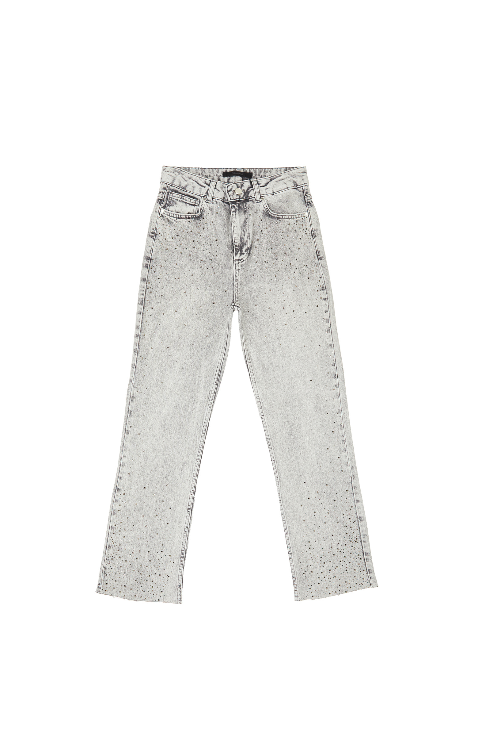 Açık Gri Kesik Paça Taş Baskılı Denim Pantolon